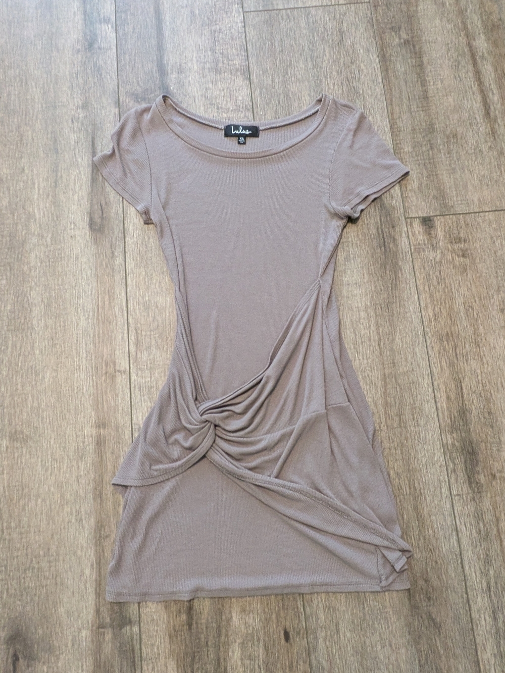 Lulu's Ribbed Short Sleeve Mini Dress - Taupe - Picture 2 of 7